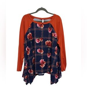P & Rose Floral Plaid Women's Top - Orange and Blue Size 3XL